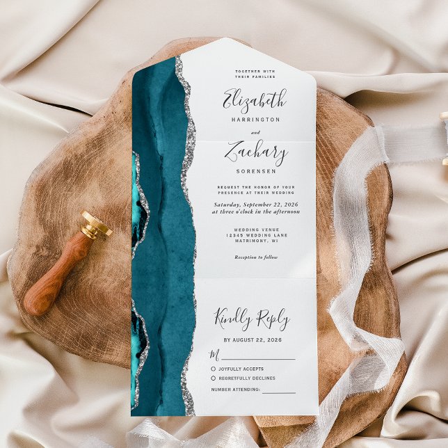 Modern Teal Blue Silver Agate Wedding All In One Invitation (Creator Uploaded)