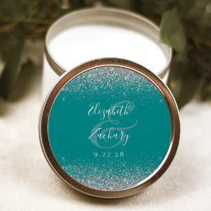 Modern Teal Blue Silver Glitter Edge Wedding Classic Round Sticker