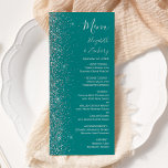 Modern Teal Blue Silver Glitter Edge Wedding Menu<br><div class="desc">The left-hand edge of this elegant modern wedding menu features a silver faux glitter design. The customisable text combines silver grey handwriting,  copperplate and italic fonts on a teal blue background. The reverse side features a matching teal and silver glitter design.</div>