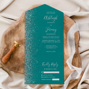 Modern Teal Blue Silver Glitter Wedding All In One Invitation