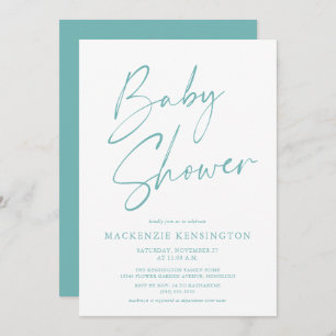 Modern Teal Blue Simple Script Baby Shower Invitation