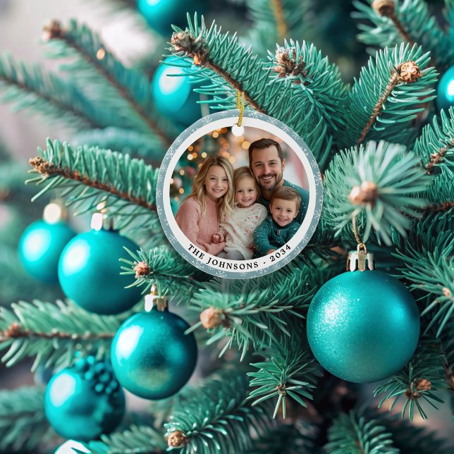 Modern Teal Blue Snowflakes Round Family 2 Sided Ceramic Ornament (Creator Uploaded)