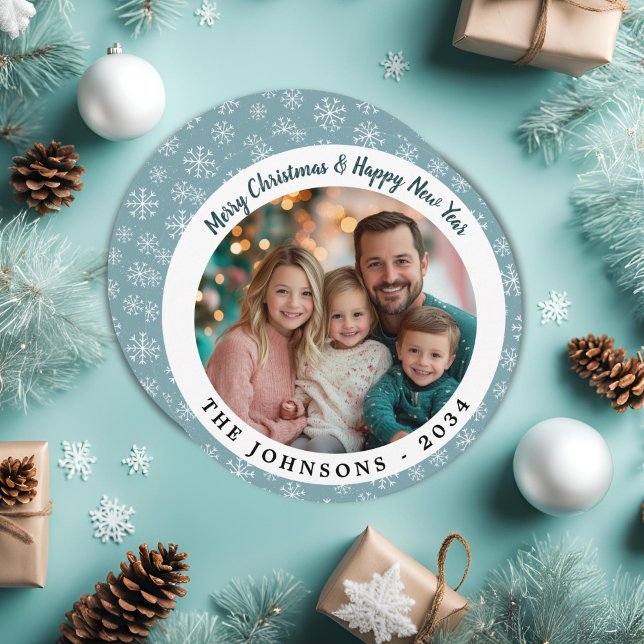 Modern Teal Blue Snowflakes Round Holiday Photo  Card (Creator Uploaded)