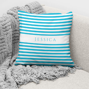 Modern Teal Blue Stripes Pattern Name Cushion
