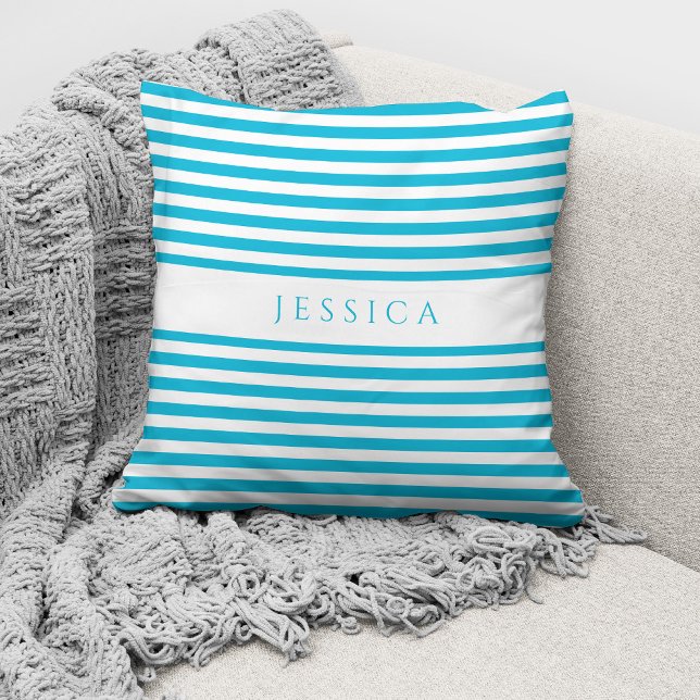 Modern Teal Blue Stripes Pattern Name Cushion (Creator Uploaded)