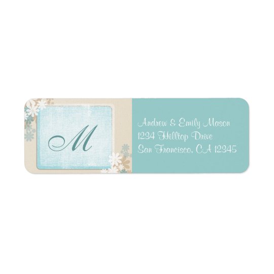 Modern Teal Blue & Tan Floral Monogram Address Lab Return Address Label