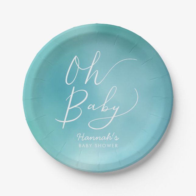 Modern Teal Blue Watercolor Ombre Baby Shower Paper Plate (Front)