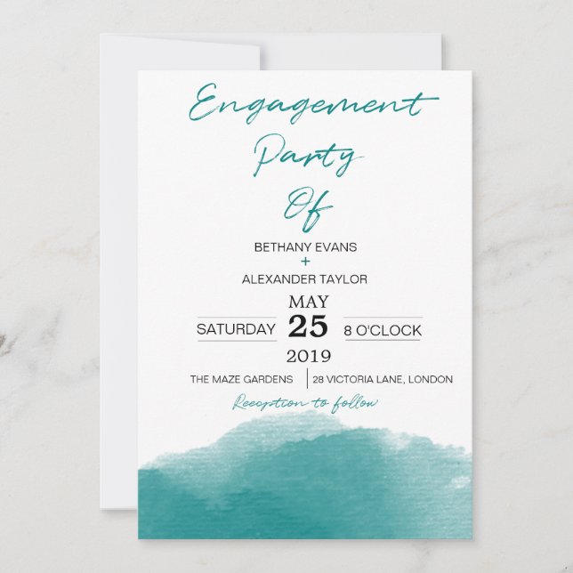 Modern Teal Blue Watercolor Scrip Engagement Party Invitation (Front)