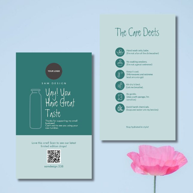 Modern Teal Boho Tumbler Care Instructions QR Code Business Card (Creator Uploaded)