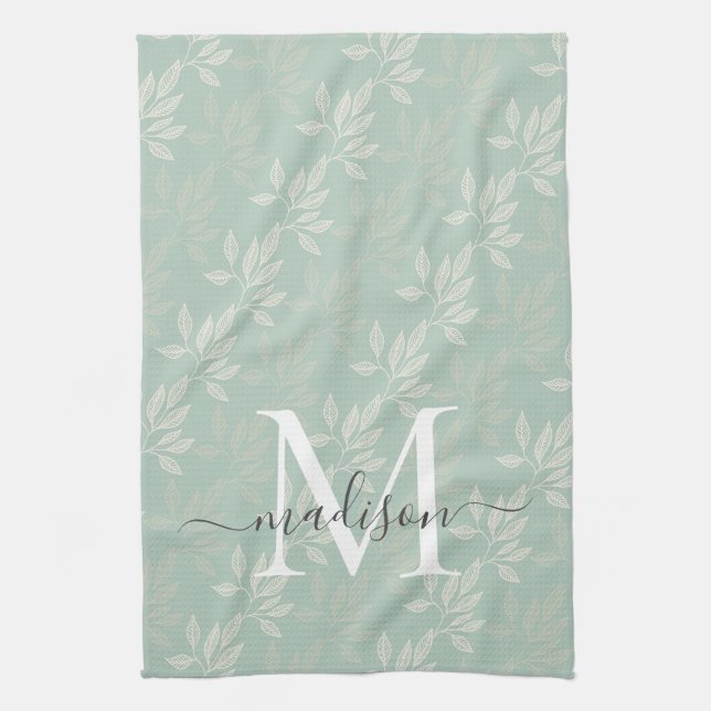Modern Teal Botanical Leaves Monogram Script Name Tea Towel (Vertical)