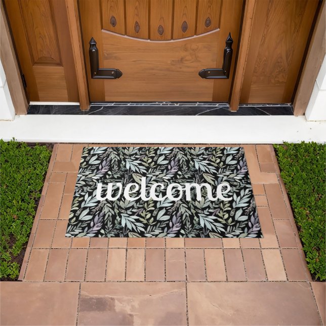 Modern Teal Botanical Pattern White Welcome Doormat (Outdoor)