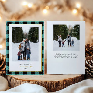 Modern Teal Buffalo Plaid Christmas Two Photos Foil Holiday Card