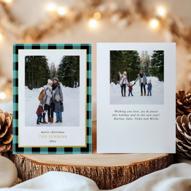 Modern Teal Buffalo Plaid Christmas Two Photos Foil Holiday Card (Creator Uploaded)