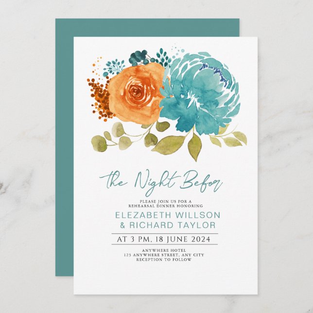 Modern Teal Burnt Orange Floral Rehearsal Dinner Invitation (Front/Back)