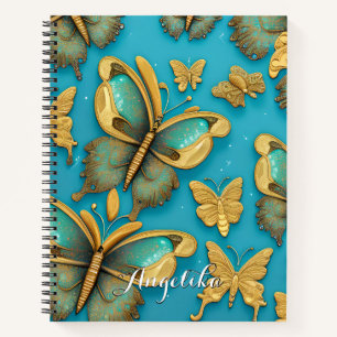 Modern Teal Butterflies Gold Glitters Notebook