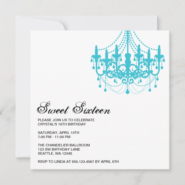 Modern Teal Chandelier Sweet Sixteen Birthday Invitation (Front)