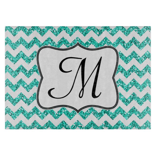 Modern Teal Chevron Monogram Glass Cutting Board (Front)