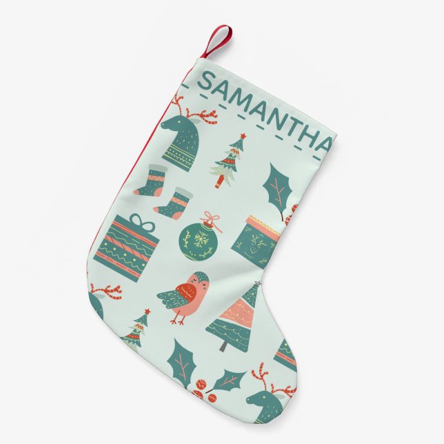 Modern Teal Christmas Pattern Personalised Small Christmas Stocking (Front (Hanging))