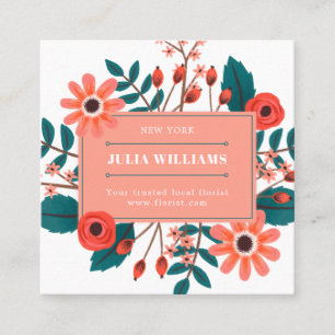 Modern teal coral frame floral boho flower bouquet square business card
