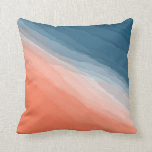 Modern Teal & Coral Waves Watercolor Abstract Cushion