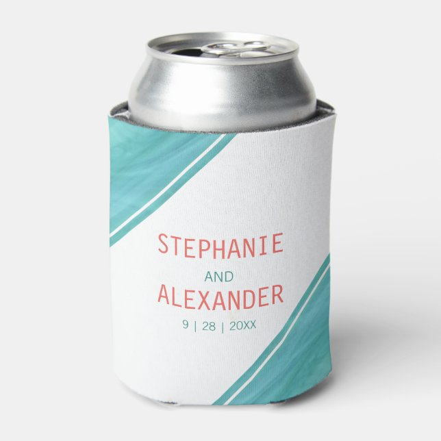 Modern Teal Coral Wedding Can Cooler (Can Front)