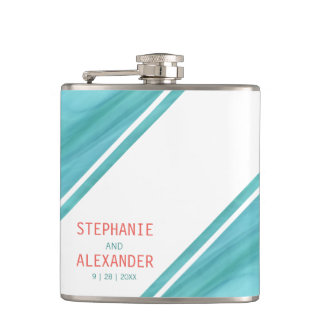 Modern Teal Coral Wedding Hip Flask