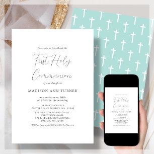 Modern Teal Cross   First Communion Invitation