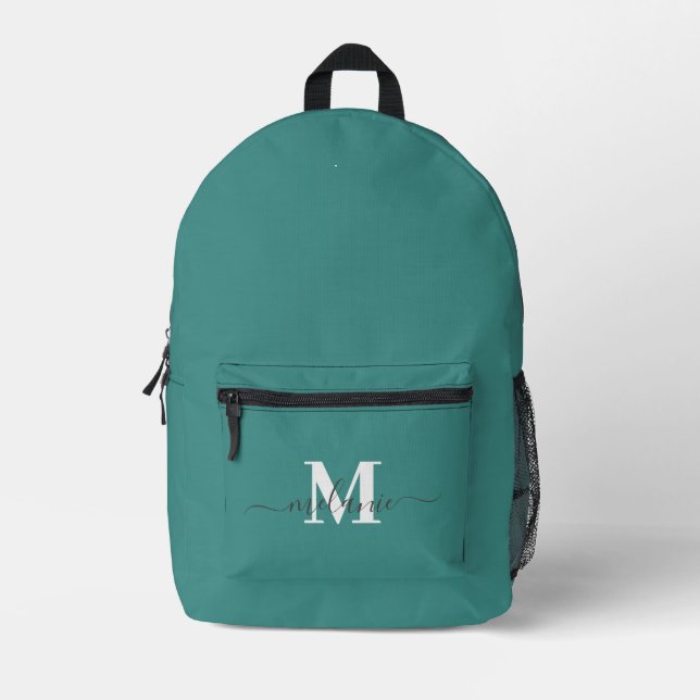 Modern Teal Custom Monogram Name Printed Backpack (Front)