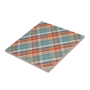 Modern Teal Dark Blue Orange White Plaid Pattern Ceramic Tile