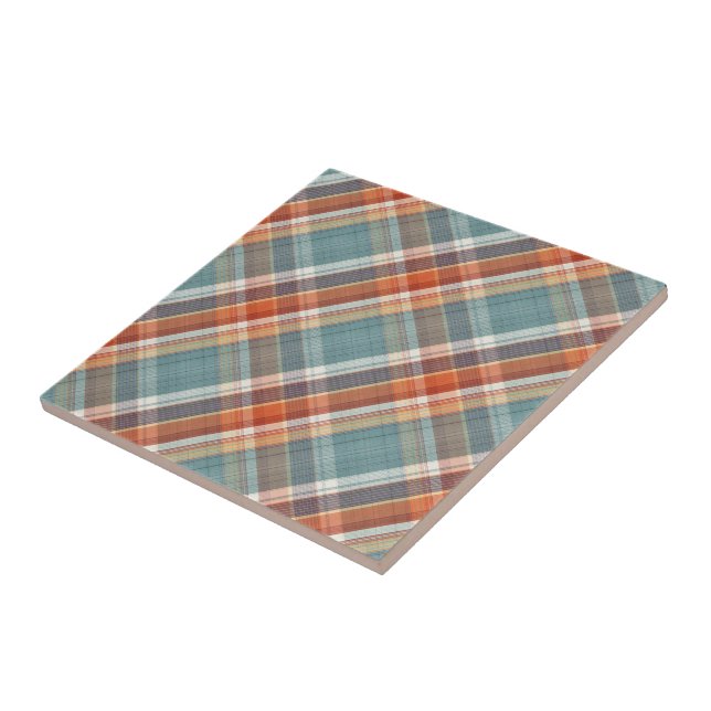 Modern Teal Dark Blue Orange White Plaid Pattern Ceramic Tile (Side)