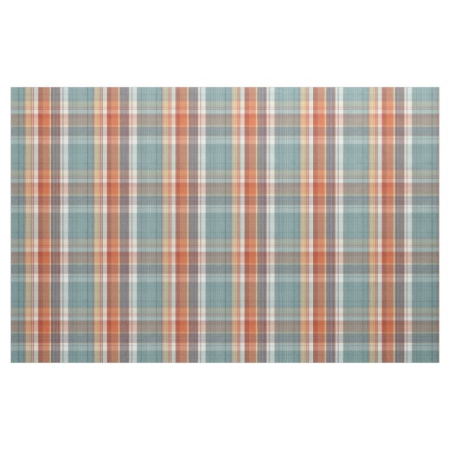 Modern Teal Dark Blue Orange White Plaid Pattern Fabric (Fat Quarter)