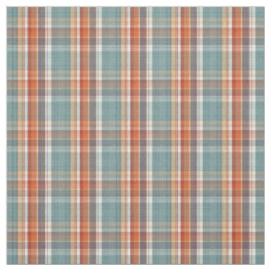 Modern Teal Dark Blue Orange White Plaid Pattern Fabric