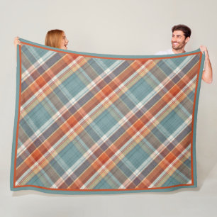Modern Teal Dark Blue Orange White Plaid Pattern Fleece Blanket