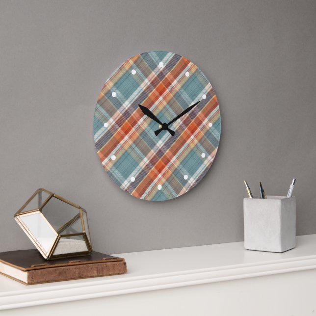 Modern Teal Dark Blue Orange White Plaid Pattern Large Clock (Office)