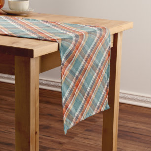 Modern Teal Dark Blue Orange White Plaid Pattern Medium Table Runner