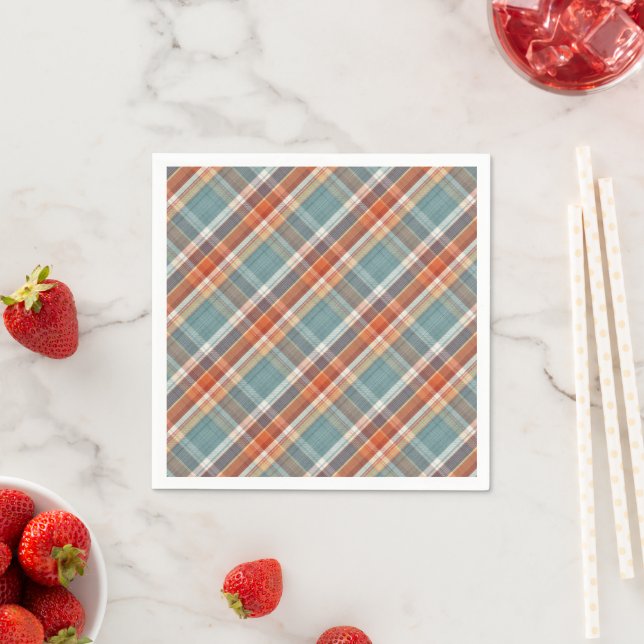 Modern Teal Dark Blue Orange White Plaid Pattern Napkin (Insitu)