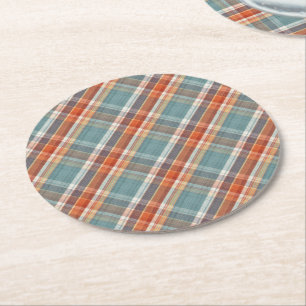 Modern Teal Dark Blue Orange White Plaid Pattern Round Paper Coaster