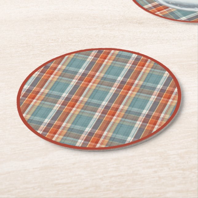 Modern Teal Dark Blue Orange White Plaid Pattern Round Paper Coaster (Angled)