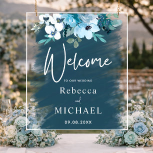 Modern teal dusty blue floral wedding welcome  acrylic sign