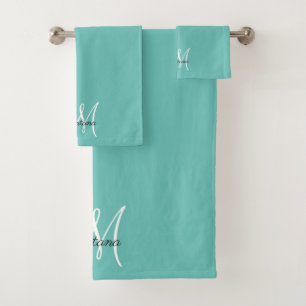 Modern Teal Elegant Monogram Centred Script Bath Towel Set