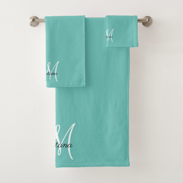 Modern Teal Elegant Monogram Centred Script Bath Towel Set (Insitu)