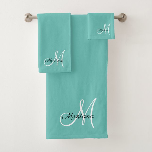 Modern Teal Elegant Monogram Script Bath Towel Set (Insitu)