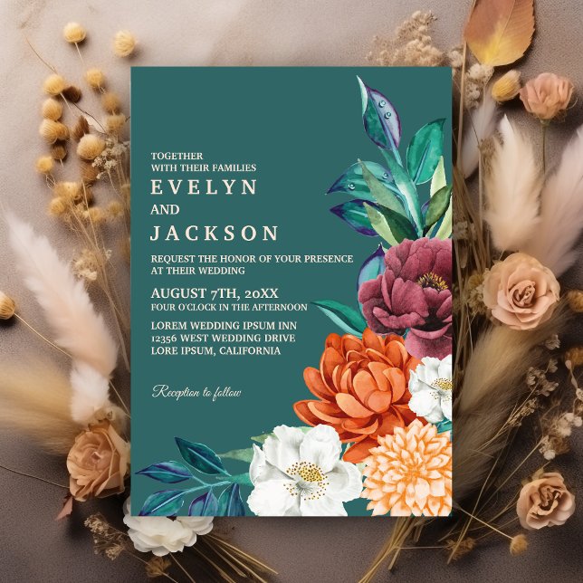 Modern Teal Fall Terracotta Floral Wedding Invitation (Creator Uploaded)