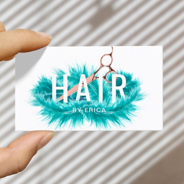Modern Teal Feather Rose Gold Scissor Hair Salon Business Card (Creator Uploaded)