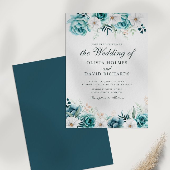 Modern Teal Floral Botanical Wedding Invitation (Modern Off-White Teal Floral Wedding Invitation on a white table.)