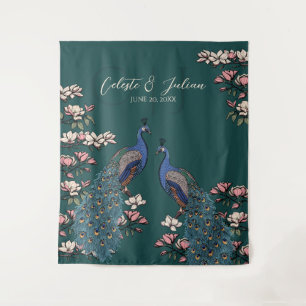 Modern Teal Floral Peacock Wedding Backdrop Tapestry