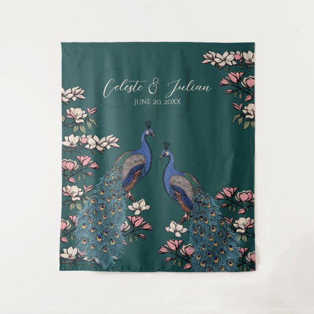 Modern Teal Floral Peacock Wedding Backdrop Tapestry (Front)