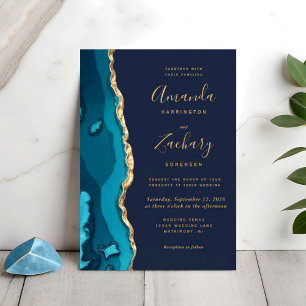 Modern Teal Geode Rubin Agate Chic Wedding Invitation