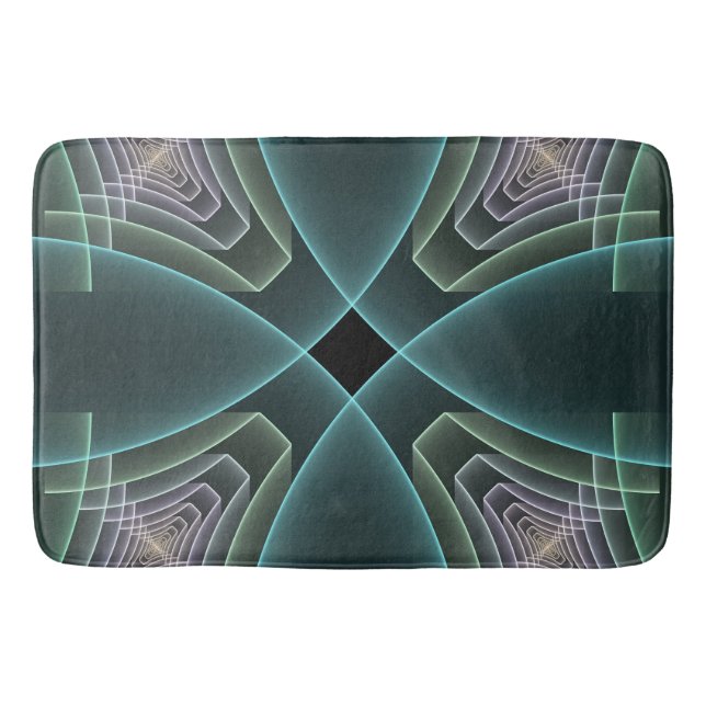 Modern Teal Geometric Fractal Art Graphic Bath Mat (Front)