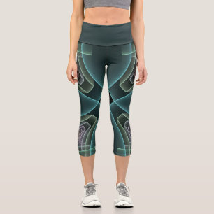Modern Teal Geometric Fractal Art Graphic Capri Leggings